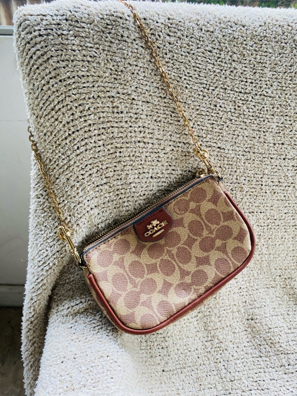 Coach Canvas Crossbody MINI in Tan and Rust with Gold Chain